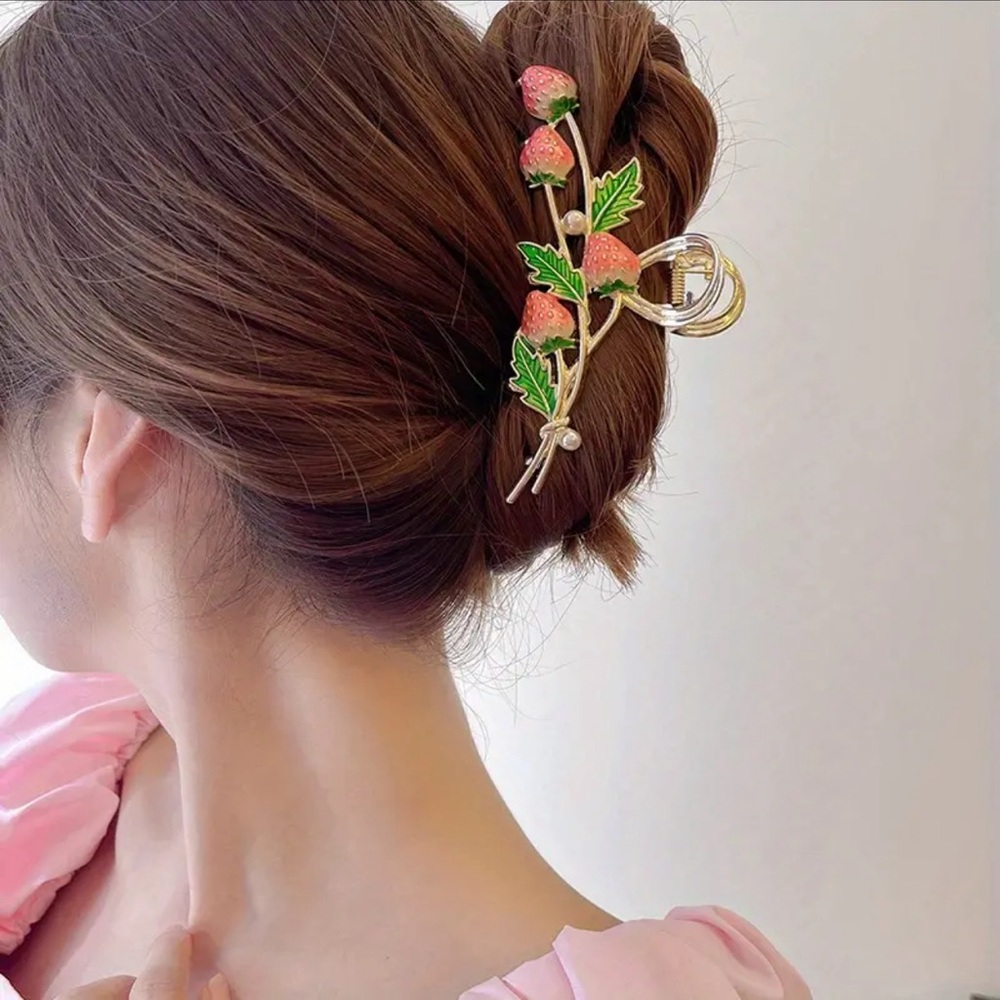 Strawberry Hair Clip Pink Enameled And Pearls Clip Gold Tone Metal